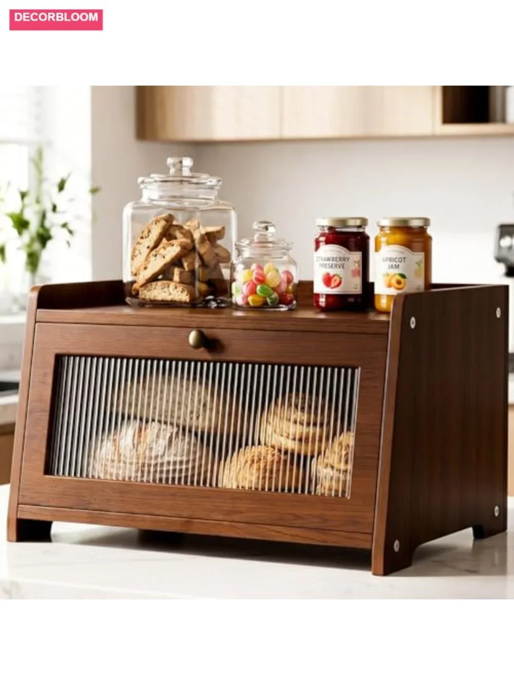 Wooden Bread Box with Magnetic Acrylic View Window for Kitchen Countertop